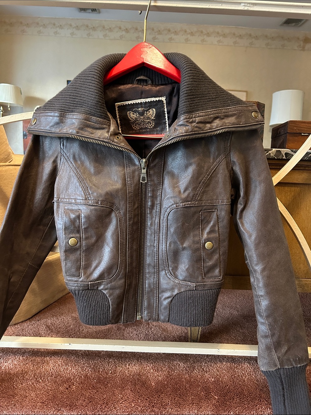 Butterfly Brown Leather Bomber Jacket with Ribbed Collar